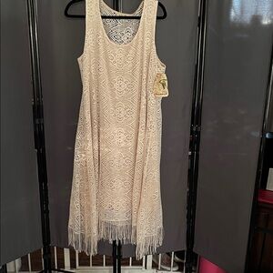 ONE WORLD Cream Lace Midi Dress with Fringe